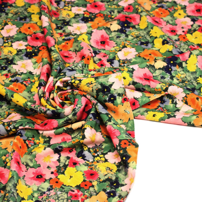 Tissu Viscose fluide REBECCA, floral jaune rose rouge, feuilles vertes - STANDARD 100 OEKO-TEX
