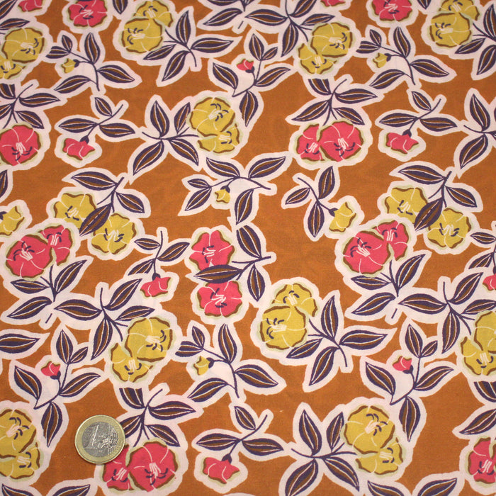 Tissu popeline de coton ocre aux fleurs jaunes & rose FANOU - OEKO-TEX