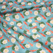 Tissu cotonnade motif japonais KOï aux poissons carpes koï & nénuphars, fond bleu d'eau - OEKO - TEX - TissusPapi.com