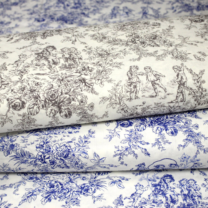 Tissu coton renforcé TOILE DE JOUY LES BAMBINS, grande largeur 280cm : bleu ou grège - OEKO - TEX - TissusPapi.com