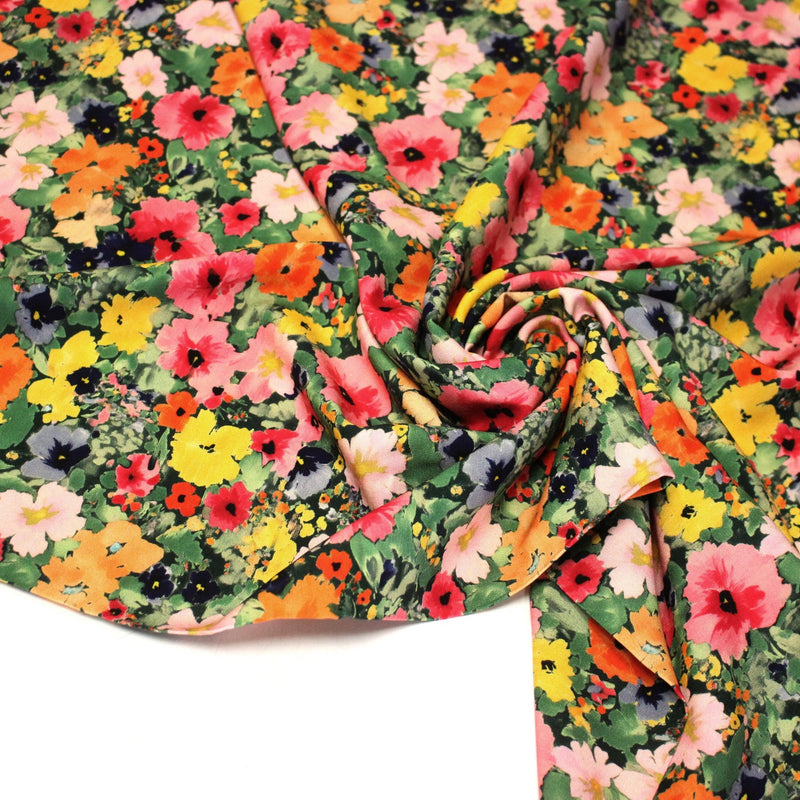 Tissu Viscose fluide REBECCA, floral jaune rose rouge, feuilles vertes - STANDARD 100 OEKO - TEX - TissusPapi.com