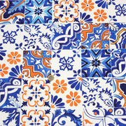 Tissu cotonnade AZULEJOS aux carreaux de faïence : bleu roi / bleu jaune / bleu orange - TissusPapi.com
