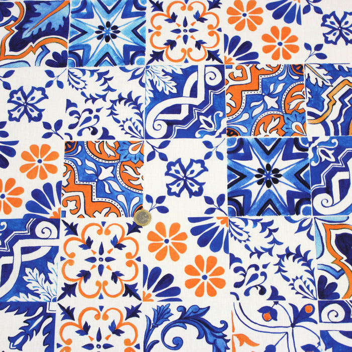 Tissu cotonnade AZULEJOS aux carreaux de faïence : bleu roi / bleu jaune / bleu orange