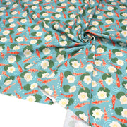 Tissu cotonnade motif japonais KOï aux poissons carpes koï & nénuphars, fond bleu d'eau - OEKO - TEX - TissusPapi.com