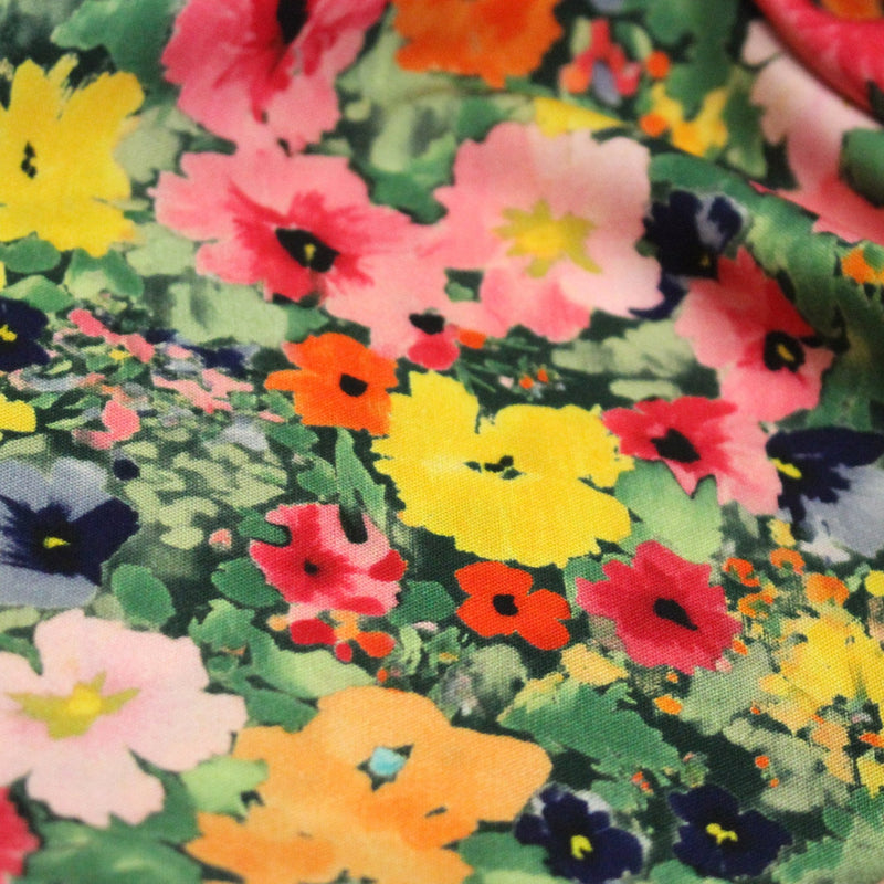 Tissu Viscose fluide REBECCA, floral jaune rose rouge, feuilles vertes - STANDARD 100 OEKO - TEX - TissusPapi.com