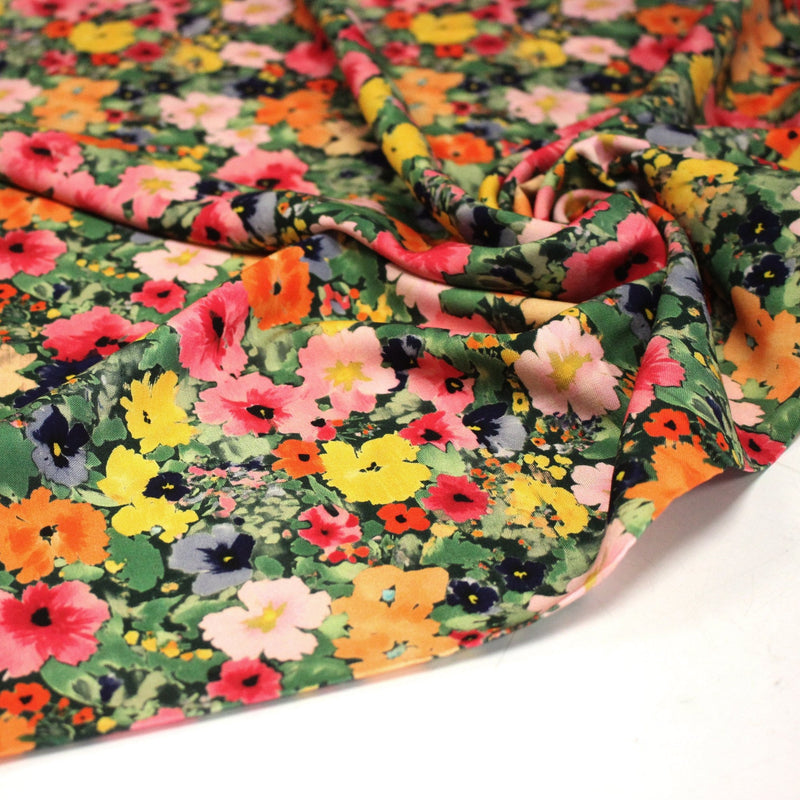 Tissu Viscose fluide REBECCA, floral jaune rose rouge, feuilles vertes - STANDARD 100 OEKO - TEX - TissusPapi.com
