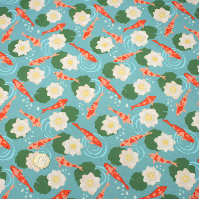 Tissu cotonnade motif japonais KOï aux poissons carpes koï & nénuphars, fond bleu d'eau - OEKO-TEX