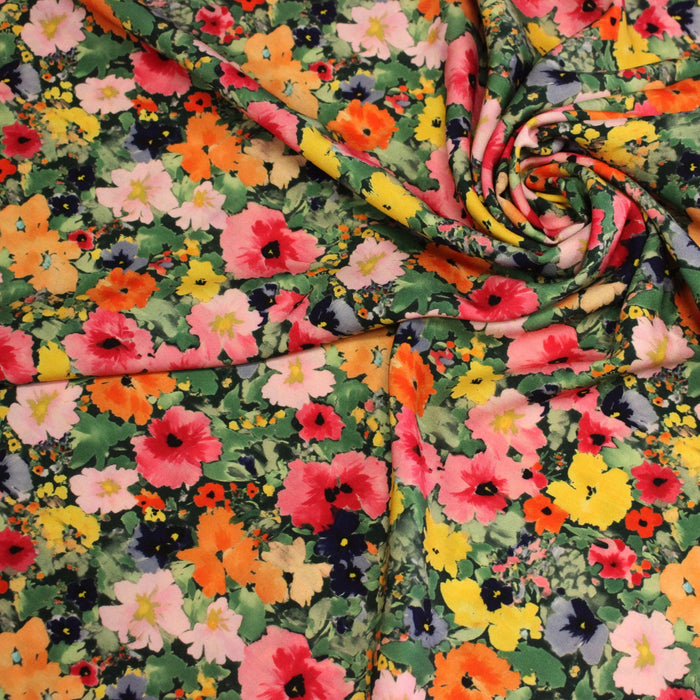 Tissu Viscose fluide REBECCA, floral jaune rose rouge, feuilles vertes - STANDARD 100 OEKO-TEX