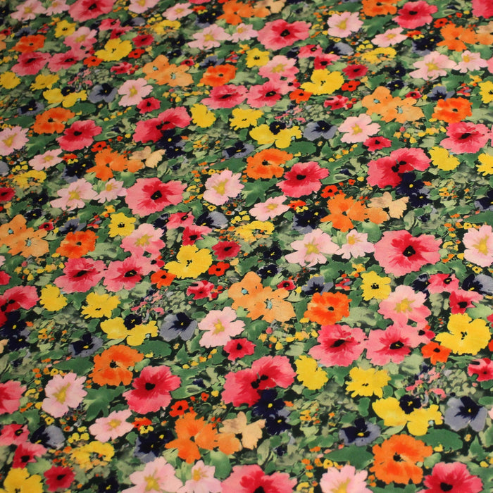 Tissu Viscose fluide REBECCA, floral jaune rose rouge, feuilles vertes - STANDARD 100 OEKO-TEX