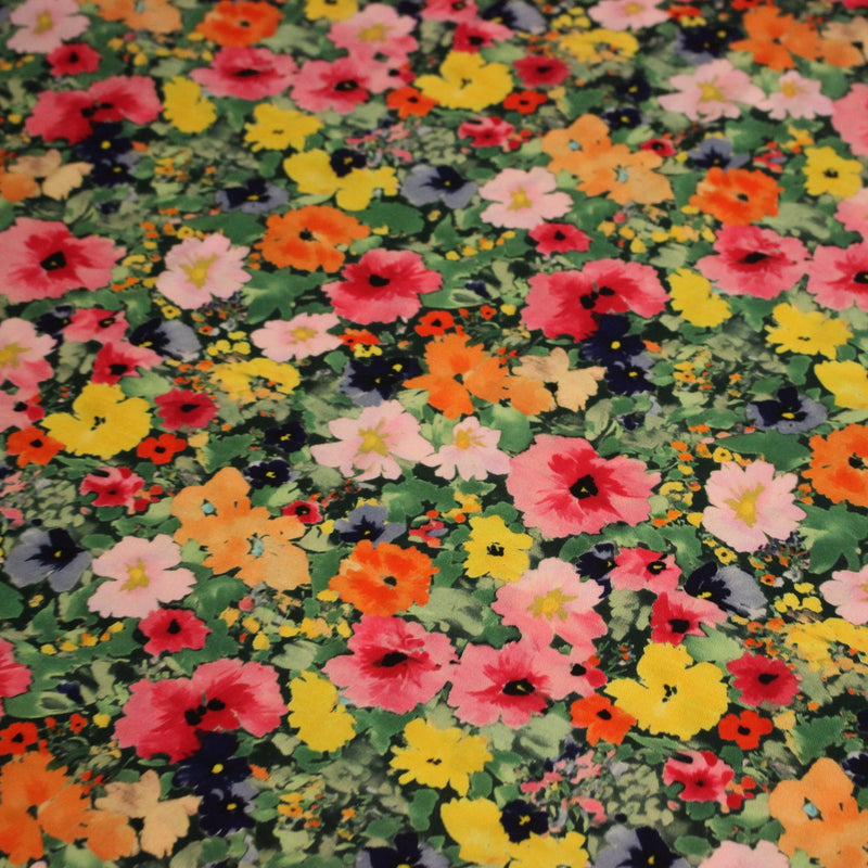 Tissu Viscose fluide REBECCA, floral jaune rose rouge, feuilles vertes - STANDARD 100 OEKO - TEX - TissusPapi.com