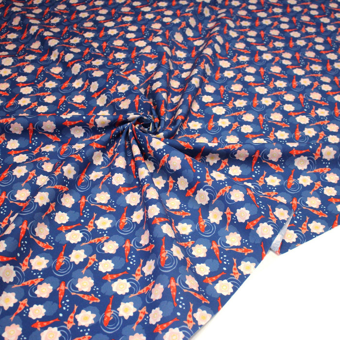 Tissu cotonnade motif japonais KOï aux poissons carpes koï & nénuphars, fond bleu roi - OEKO-TEX