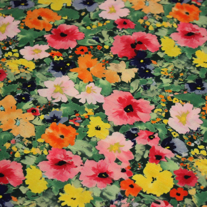 Tissu Viscose fluide REBECCA, floral jaune rose rouge, feuilles vertes - STANDARD 100 OEKO-TEX
