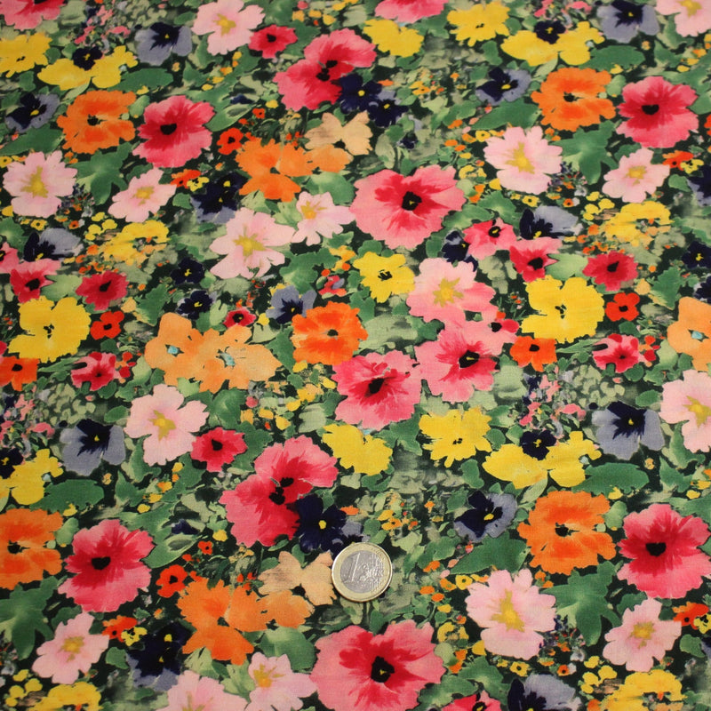Tissu Viscose fluide REBECCA, floral jaune rose rouge, feuilles vertes - STANDARD 100 OEKO - TEX - TissusPapi.com