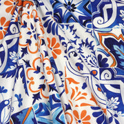 Tissu cotonnade AZULEJOS aux carreaux de faïence : bleu roi / bleu jaune / bleu orange - TissusPapi.com