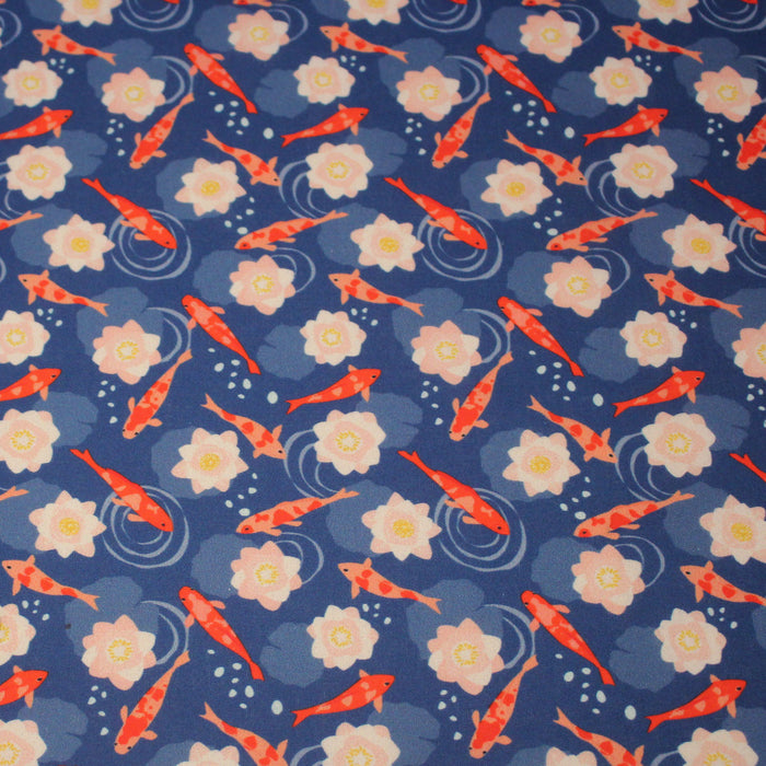 Tissu cotonnade motif japonais KOï aux poissons carpes koï & nénuphars, fond bleu roi - OEKO-TEX