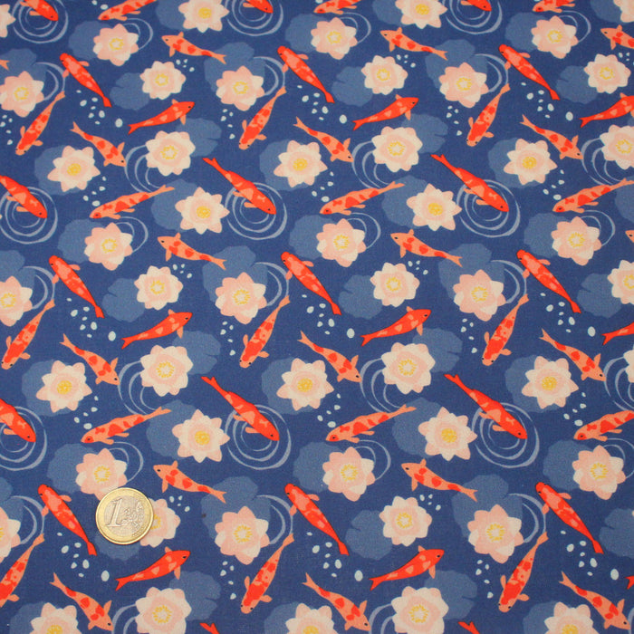 Tissu cotonnade motif japonais KOï aux poissons carpes koï & nénuphars, fond bleu roi - OEKO-TEX