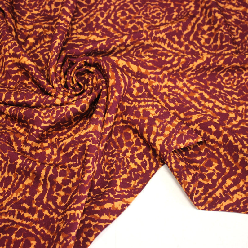 Tissu Viscose fluide ASSA arabesques rouge bordeaux fond ocre – STANDARD 100 OEKO - TEX - TissusPapi.com