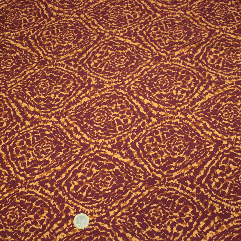Tissu Viscose fluide ASSA arabesques rouge bordeaux fond ocre – STANDARD 100 OEKO - TEX - TissusPapi.com