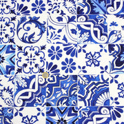Tissu cotonnade AZULEJOS aux carreaux de faïence : bleu roi / bleu jaune / bleu orange - TissusPapi.com