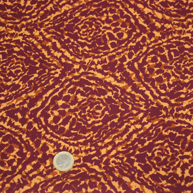 Tissu Viscose fluide ASSA arabesques rouge bordeaux fond ocre – STANDARD 100 OEKO - TEX - TissusPapi.com