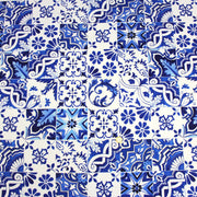 Tissu cotonnade AZULEJOS aux carreaux de faïence : bleu roi / bleu jaune / bleu orange - TissusPapi.com