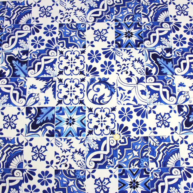 Tissu cotonnade AZULEJOS aux carreaux de faïence : bleu roi / bleu jaune / bleu orange - TissusPapi.com