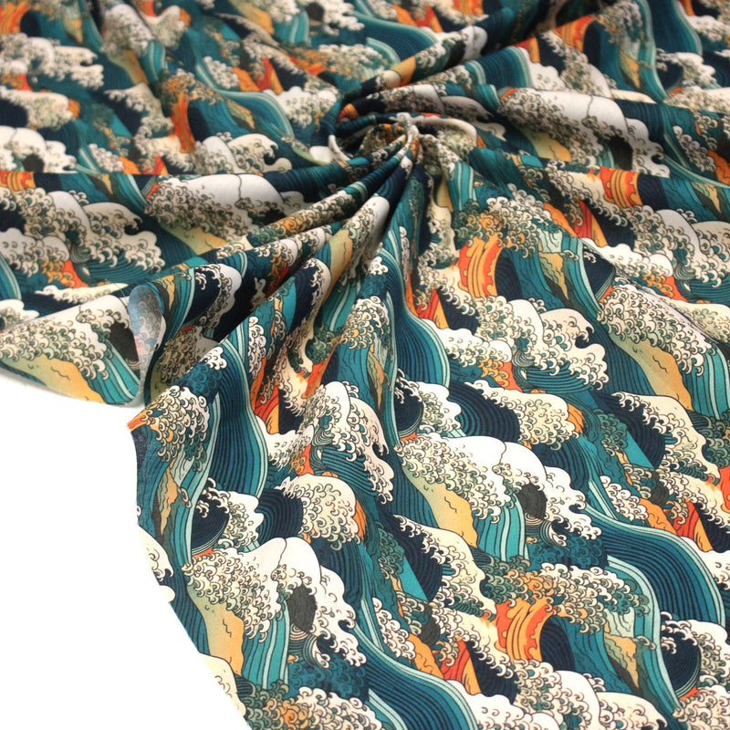 Tissu cotonnade motif japonais de la vague Kanagawa d’Hokusai, tons vert canard, oranges et blancs - OEKO - TEX - TissusPapi.com