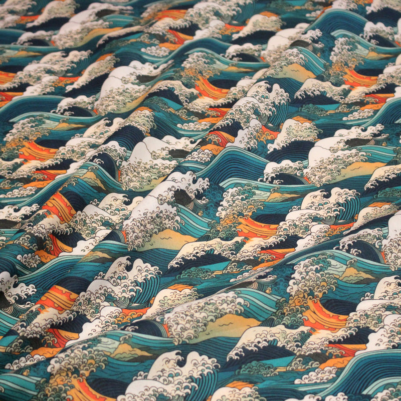 Tissu cotonnade motif japonais de la vague Kanagawa d’Hokusai, tons vert canard, oranges et blancs - OEKO - TEX - TissusPapi.com