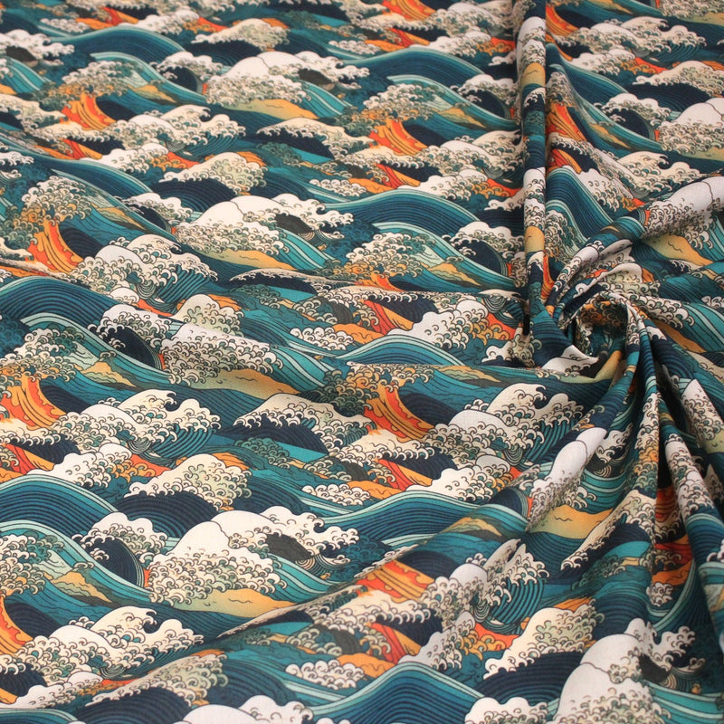 Tissu cotonnade motif japonais de la vague Kanagawa d’Hokusai, tons vert canard, oranges et blancs - OEKO - TEX - TissusPapi.com