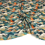 Tissu cotonnade motif japonais de la vague Kanagawa d’Hokusai, tons vert canard, oranges et blancs - OEKO - TEX - TissusPapi.com
