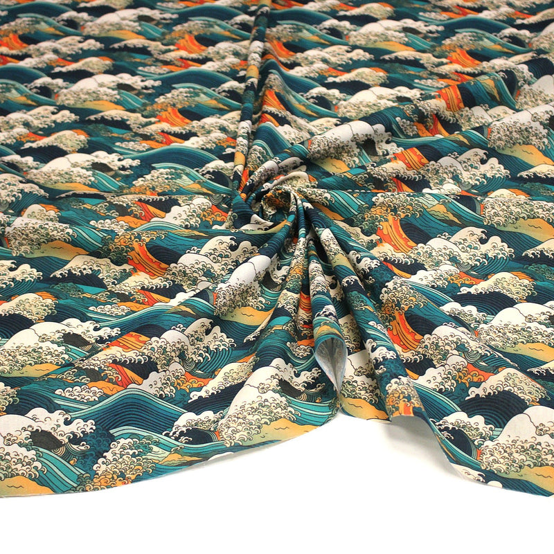 Tissu cotonnade motif japonais de la vague Kanagawa d’Hokusai, tons vert canard, oranges et blancs - OEKO - TEX - TissusPapi.com