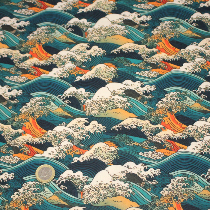 Tissu cotonnade motif japonais de la vague Kanagawa d’Hokusai, tons vert canard, oranges et blancs - OEKO-TEX