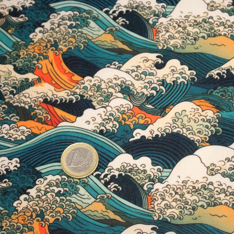 Tissu cotonnade motif japonais de la vague Kanagawa d’Hokusai, tons vert canard, oranges et blancs - OEKO - TEX - TissusPapi.com