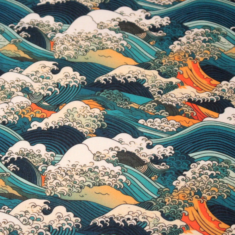 Tissu cotonnade motif japonais de la vague Kanagawa d’Hokusai, tons vert canard, oranges et blancs - OEKO - TEX - TissusPapi.com