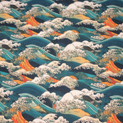 Tissu cotonnade motif japonais de la vague Kanagawa d’Hokusai, tons vert canard, oranges et blancs - OEKO - TEX - TissusPapi.com