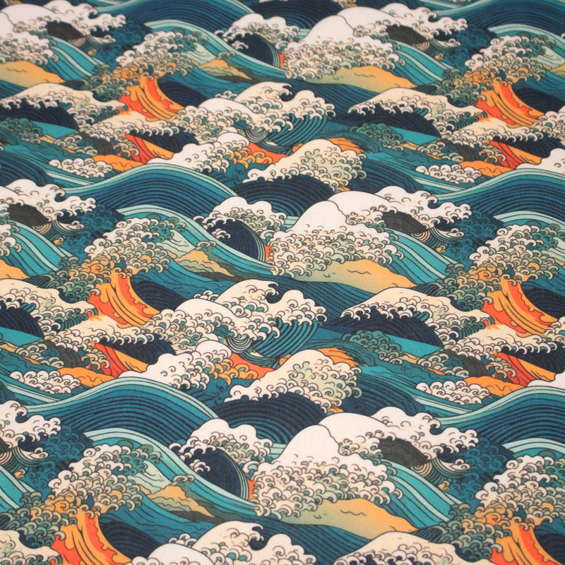 Tissu cotonnade motif japonais de la vague Kanagawa d’Hokusai, tons vert canard, oranges et blancs - OEKO - TEX - TissusPapi.com