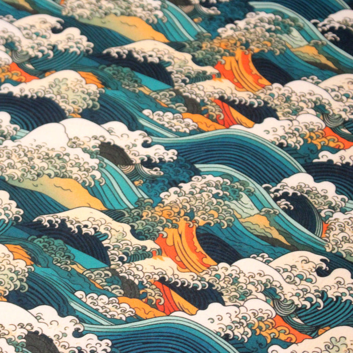 Tissu cotonnade motif japonais de la vague Kanagawa d’Hokusai, tons vert canard, oranges et blancs - OEKO-TEX