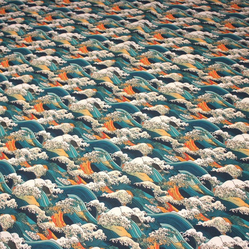 Tissu cotonnade motif japonais de la vague Kanagawa d’Hokusai, tons vert canard, oranges et blancs - OEKO - TEX - TissusPapi.com