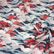 Tissu cotonnade motif japonais de la vague Hokusai & fleurs cerisiers Sakura, tons bleus & rouges - OEKO - TEX - TissusPapi.com