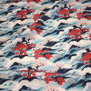 Tissu cotonnade motif japonais de la vague Hokusai & fleurs cerisiers Sakura, tons bleus & rouges - OEKO - TEX - TissusPapi.com