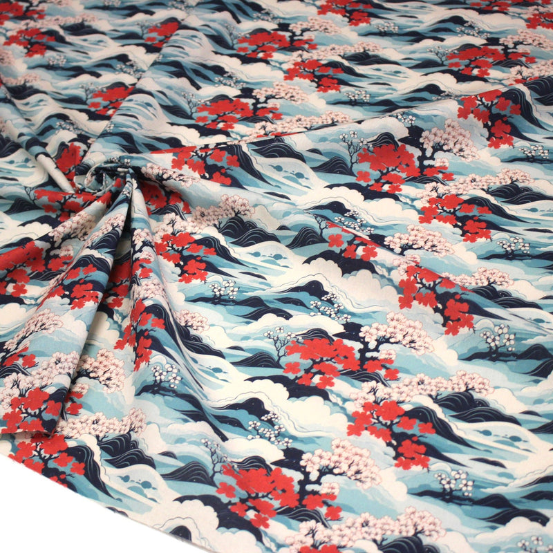 Tissu cotonnade motif japonais de la vague Hokusai & fleurs cerisiers Sakura, tons bleus & rouges - OEKO - TEX - TissusPapi.com