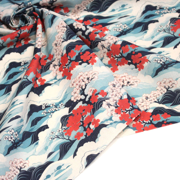 Tissu cotonnade motif japonais de la vague Hokusai & fleurs cerisiers Sakura, tons bleus & rouges - OEKO-TEX