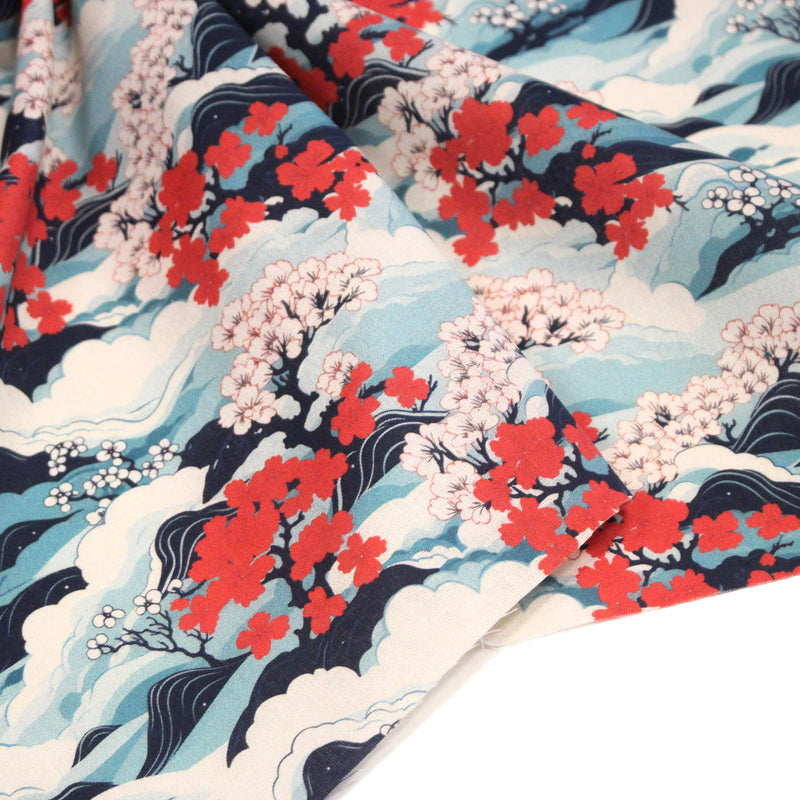 Tissu cotonnade motif japonais de la vague Hokusai & fleurs cerisiers Sakura, tons bleus & rouges - OEKO - TEX - TissusPapi.com
