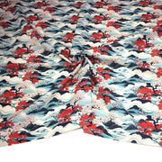 Tissu cotonnade motif japonais de la vague Hokusai & fleurs cerisiers Sakura, tons bleus & rouges - OEKO - TEX - TissusPapi.com