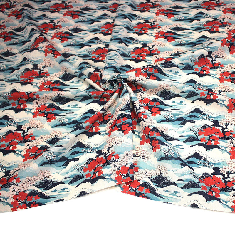 Tissu cotonnade motif japonais de la vague Hokusai & fleurs cerisiers Sakura, tons bleus & rouges - OEKO - TEX - TissusPapi.com