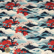 Tissu cotonnade motif japonais de la vague Hokusai & fleurs cerisiers Sakura, tons bleus & rouges - OEKO - TEX - TissusPapi.com