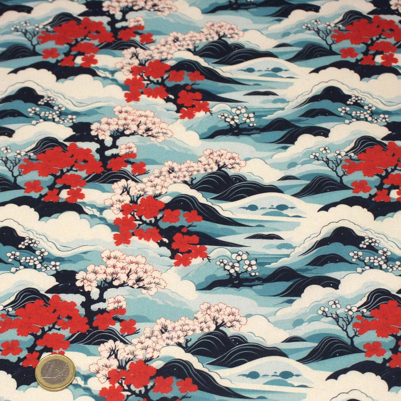 Tissu cotonnade motif japonais de la vague Hokusai & fleurs cerisiers Sakura, tons bleus & rouges - OEKO - TEX - TissusPapi.com