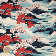Tissu cotonnade motif japonais de la vague Hokusai & fleurs cerisiers Sakura, tons bleus & rouges - OEKO - TEX - TissusPapi.com