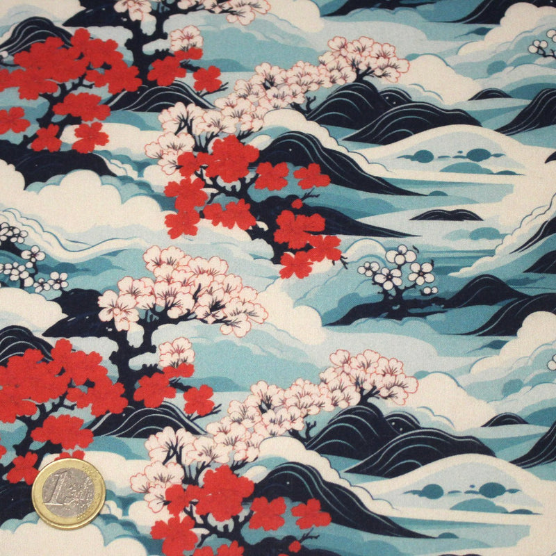Tissu cotonnade motif japonais de la vague Hokusai & fleurs cerisiers Sakura, tons bleus & rouges - OEKO - TEX - TissusPapi.com