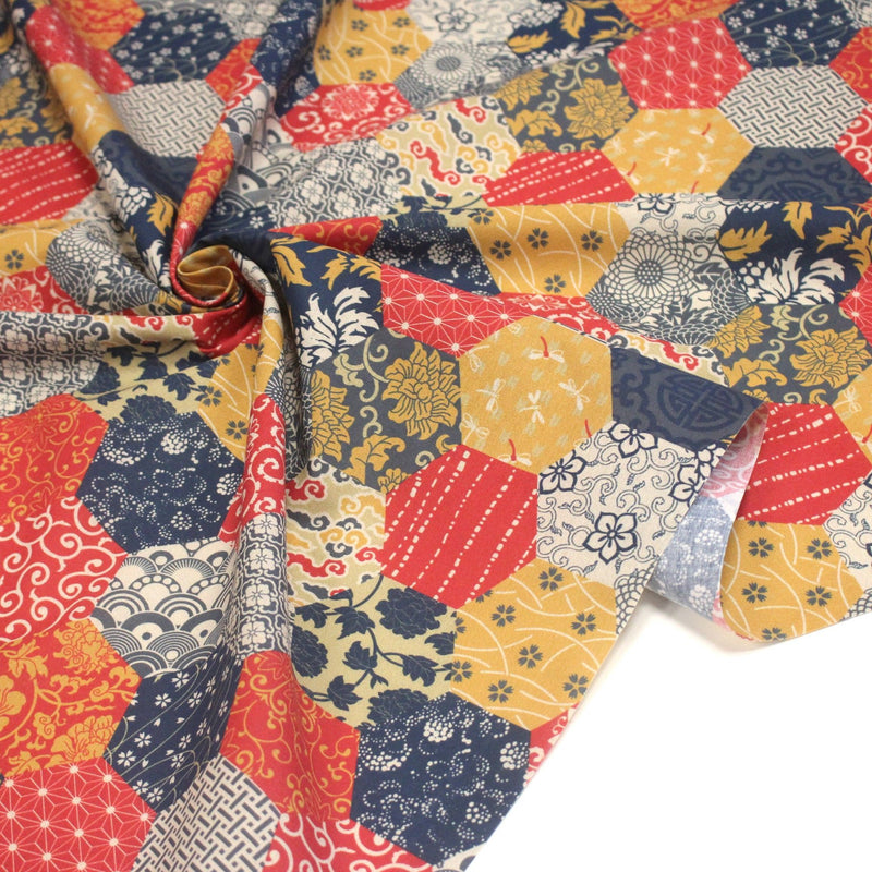 Tissu cotonnade HARAJUKA, motifs japonais, tons bleus, jaunes et rouges - OEKO - TEX - TissusPapi.com
